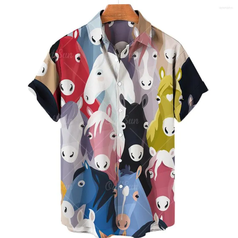 Camicie casual da uomo Camicie da uomo Hawaiian 3d Animal Horse Stampa manica corta Tee Risvolto Fashion Harajuku Cartoon Camicette Abbigliamento maschile