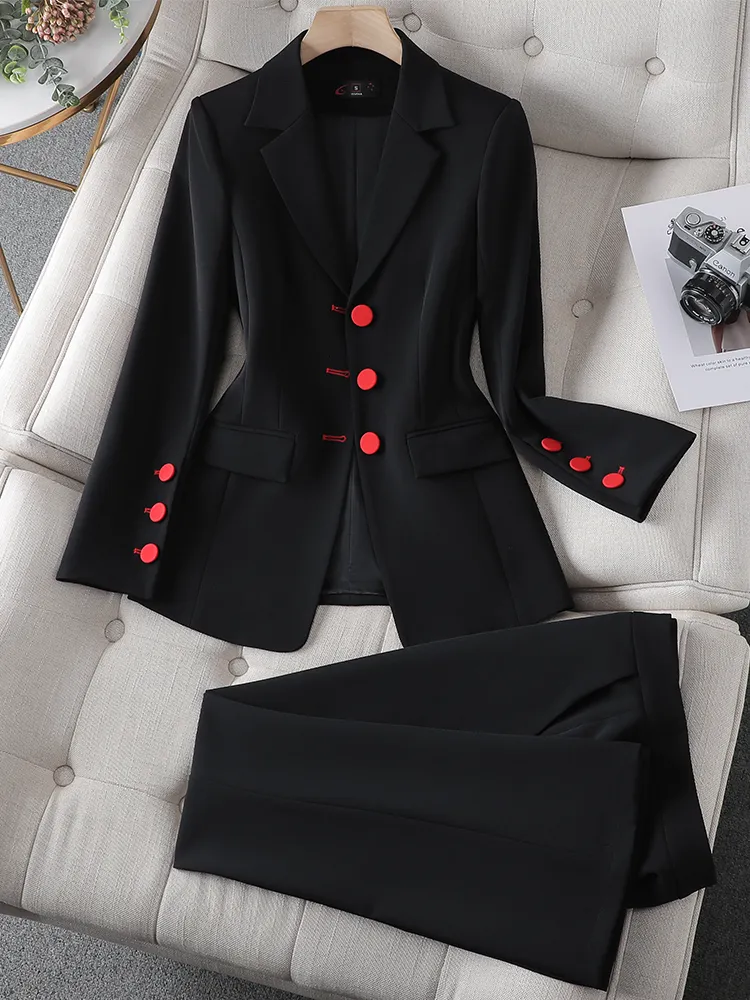 Women Dwuczęściowe spodnie moda czarna marynarka jabła i garnitur spodni kobiety kobiety biuro damowe działanie kadr noszenia formalne 2 set 230209