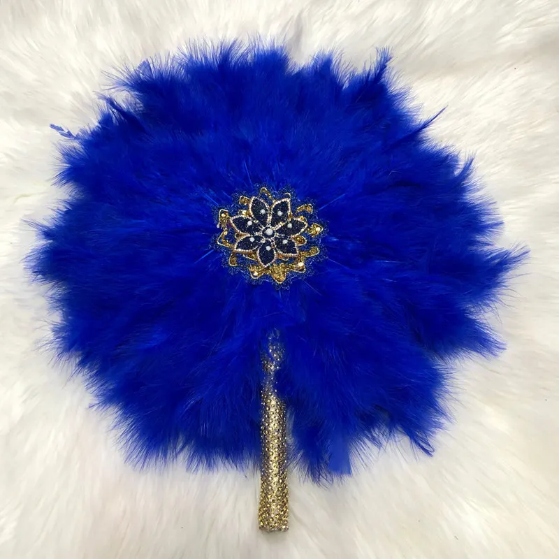 Decorative Objects Figurines 1pcs African Turkey Feather Hand Fan Feathers Handfan for Dance Wedding Decoration Fan with Stones OneSided Blue FanAF30 230209