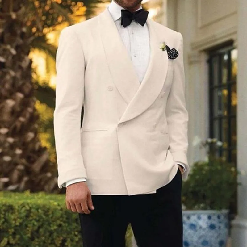 Ternos masculinos Blazers White Double Double Wasted Wedding Smoking para Groom com Shawl Lapela 2 Peças Menas de calça preta definida com calça preta