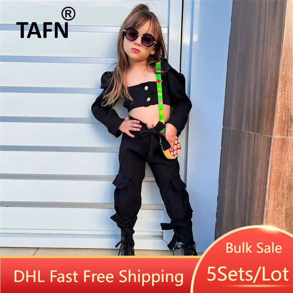 Clothing Sets 5Sets Bulk Item Wholesale Children Clothes Suits Solid Color Puff Sleeves Tops Cargo Pants Leggings Sets Cool Girl Outfit M233 W230210