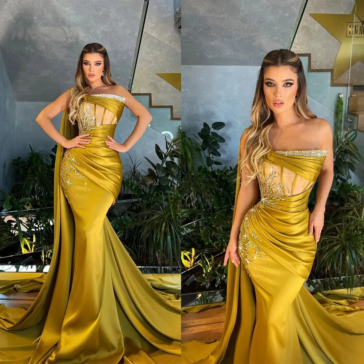Dresses 2023 Prom Mermaid Crystals Beaded Lacee Applique Custom Made Strapless Satin Ruched Evening Party Gowns Vestidos Formal Ocn Wear Plus Size