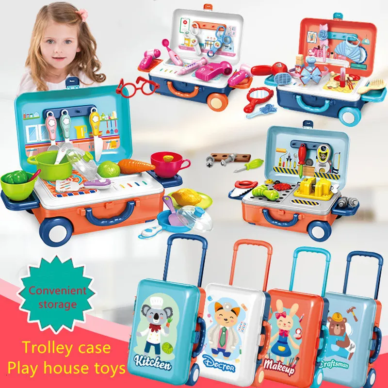 Kitchens Play Food Children House Kitchen Toys Simulation Girl Beauty Portable Tools Tableware Trolley Case Kit For Cosplay Mens Gifts 230209