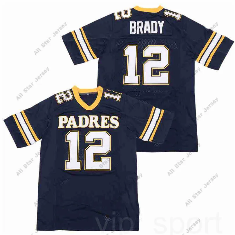 American College Football Wear High 12 Tom Brady High School Junipero Serra Padres Maillot de football Bleu marine Couleur de l'équipe cousu et brodé de qualité supérieure