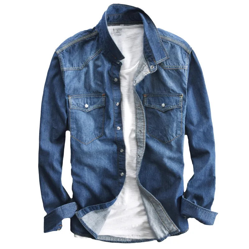 Men's Casual Shirts Men's long-sleeved solid denim shirt fashion brand Classic retro denim Pocket decoration Business shirt Spring and Autumn Tops 230209