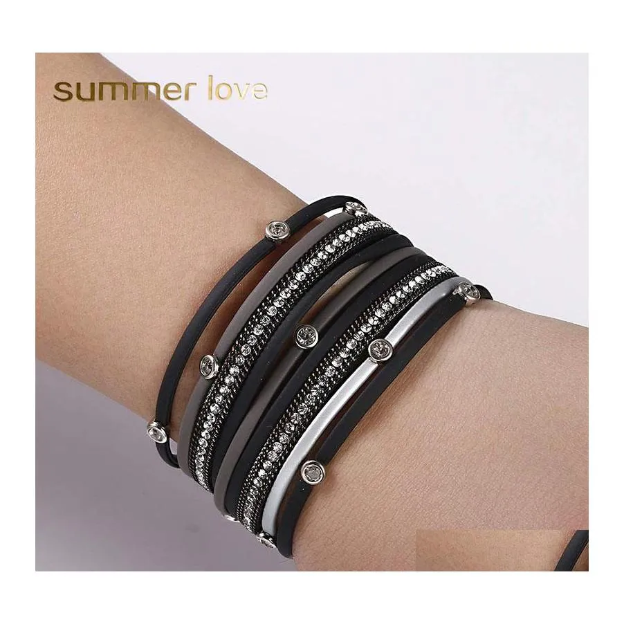 Link Chain Leather Wrap Bracelet for Women Boho Mtilayer Bracelets de cristal pulseiras casuais Braned Handmade Magnetic Bangle Dhpmb