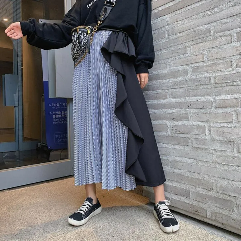 Skirts Spring 2023 Women Long Pacthwork Maxi Flared Pleated Skirt Midi High Waist Elascity Casual Party