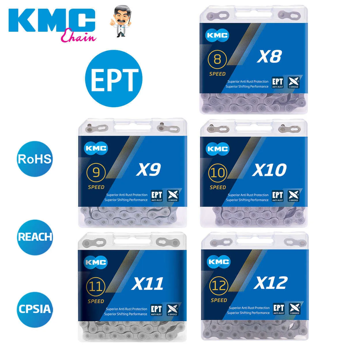 s KMC X8/X9/X10/X11 Catena per bicicletta serie EPT MTB Catena per bici da strada Accessori bici per Shimano / 0210