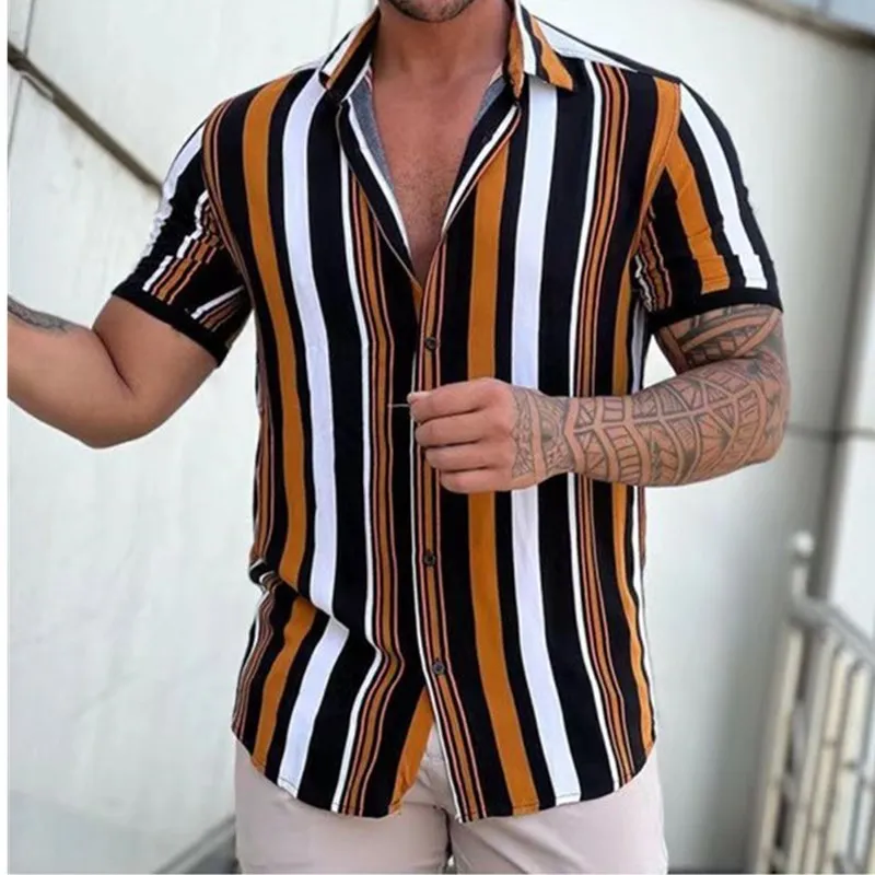 メンズカジュアルシャツメンズシャツファッションストライププリント半袖シャツの夏のシャツ男性ターンダウンカジュアルシャツ男子服230210