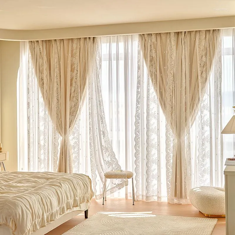 Cortina de encaje color crema francés, cortinas opacas para dormitorio, balcón, sombra de lujo para sala de estar, niña, decoración de viento Ins