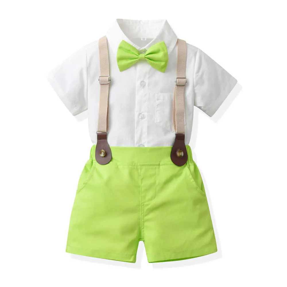 Kläder sätter sommar ny mode pojkar formell kostym kort ärmskjorta med bowtiesuspender byxor avslappnade kläder outfit gentleman 2 st set w230210