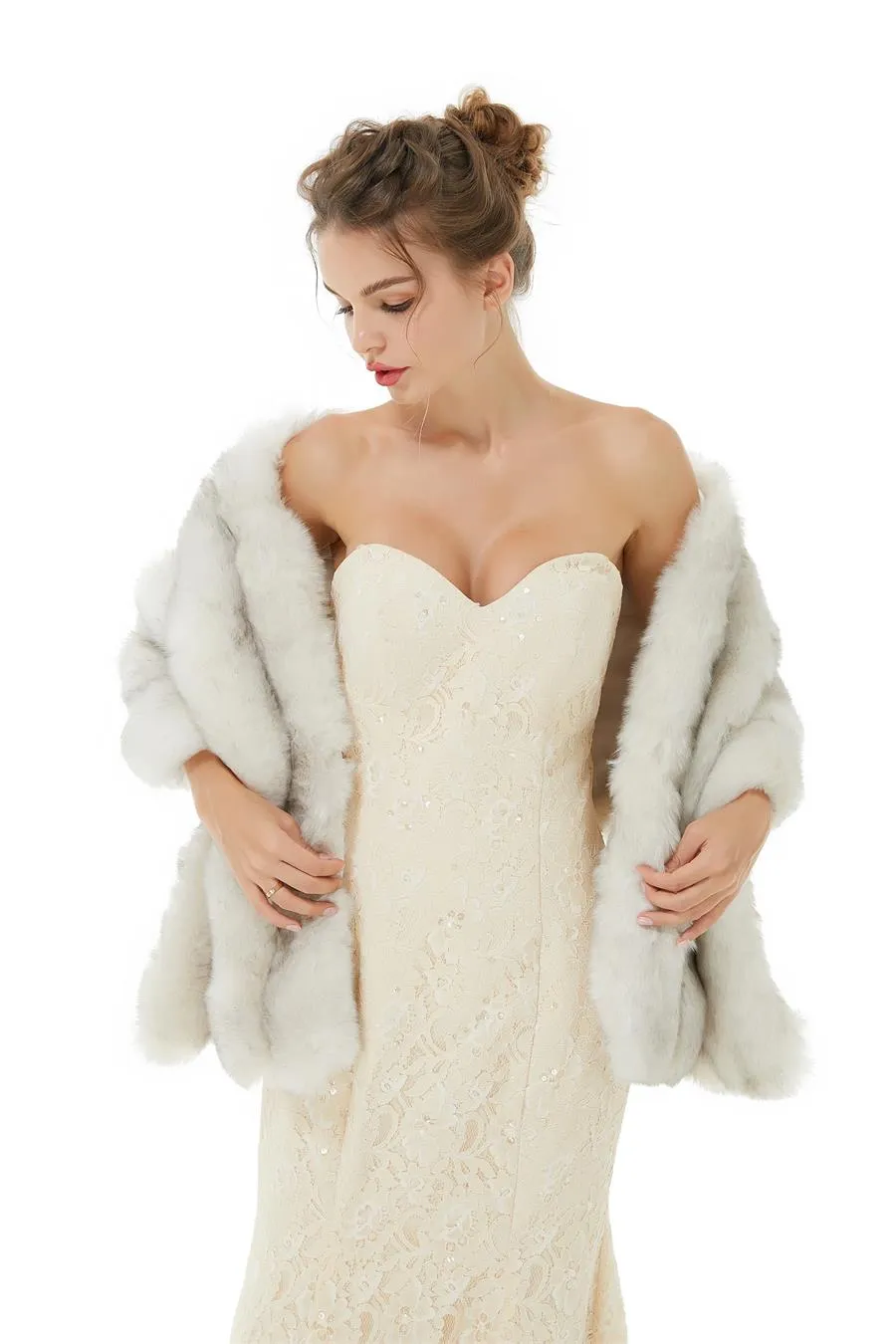 Autumn New Fashion Imitation Pur envolve vestido de noiva de noiva vestido de noite com xale de pele PJ05