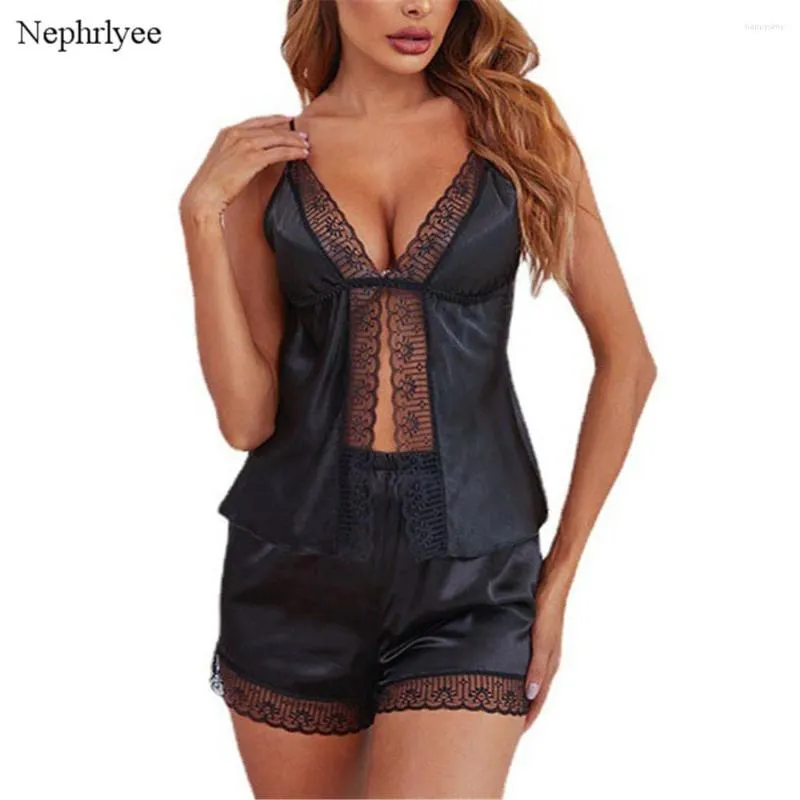 Women's Sleepwear 2023 Arrival Women Nightgowns Sexy Lingerie Satin Lace V-Neck Pajamas Clothes Black Solid Color SLP303