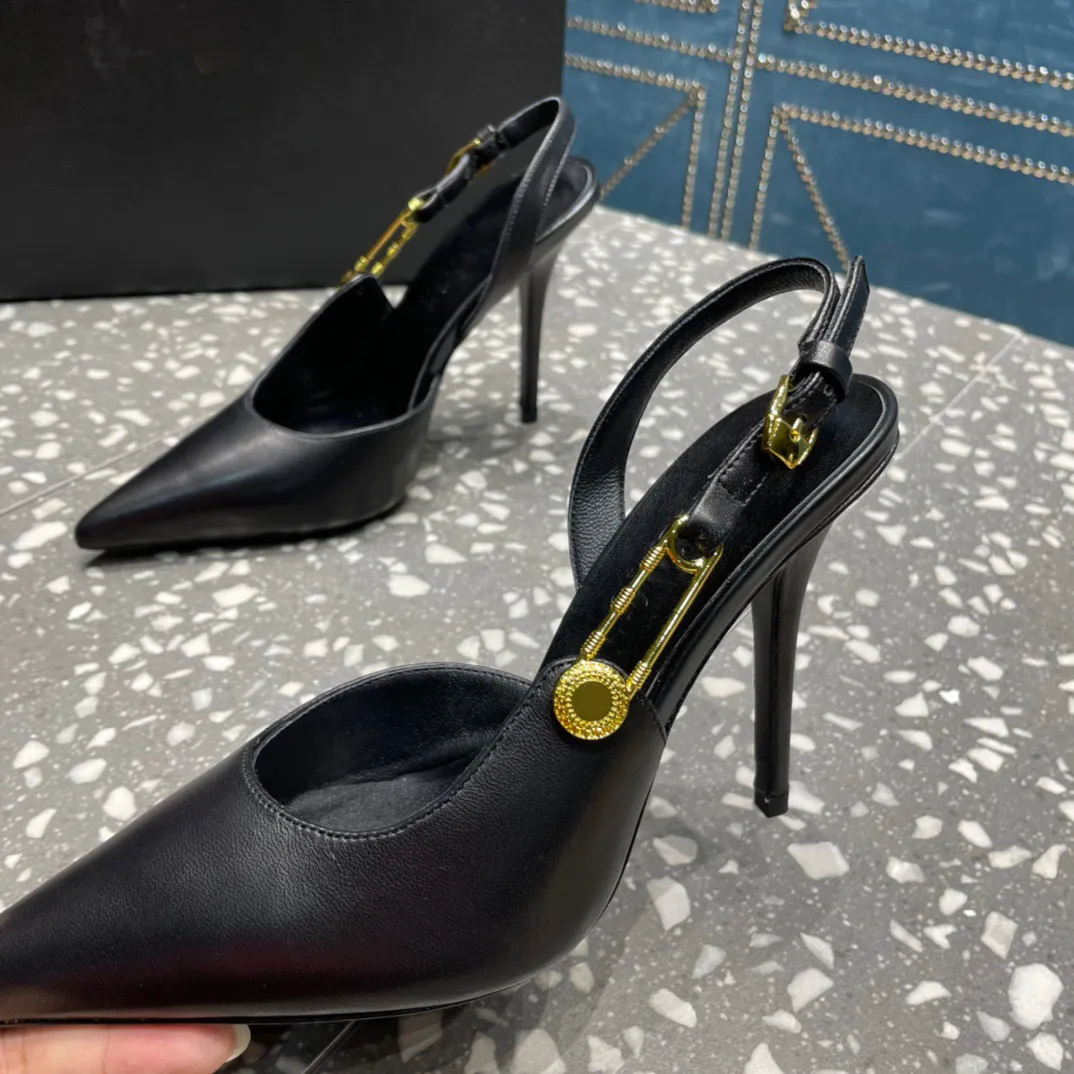 Safety Pin Slingback Patent Calf Leather Pumps skor stilett klackar spetsiga tå sandaler kvinnors lyxdesigner klänning sko kväll fabrikskor