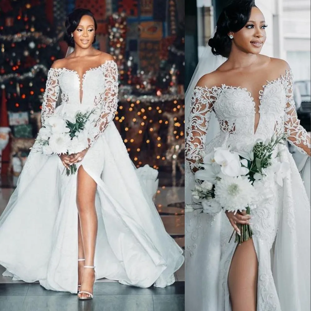 2023 Luxe Africain Une Ligne Robe De Mariée Sirène Robes De Mariée Avec Train Détachable Overskirts Hors De L'épaule Manches Longues Dentelle Appliqué Cristal Perle Perles