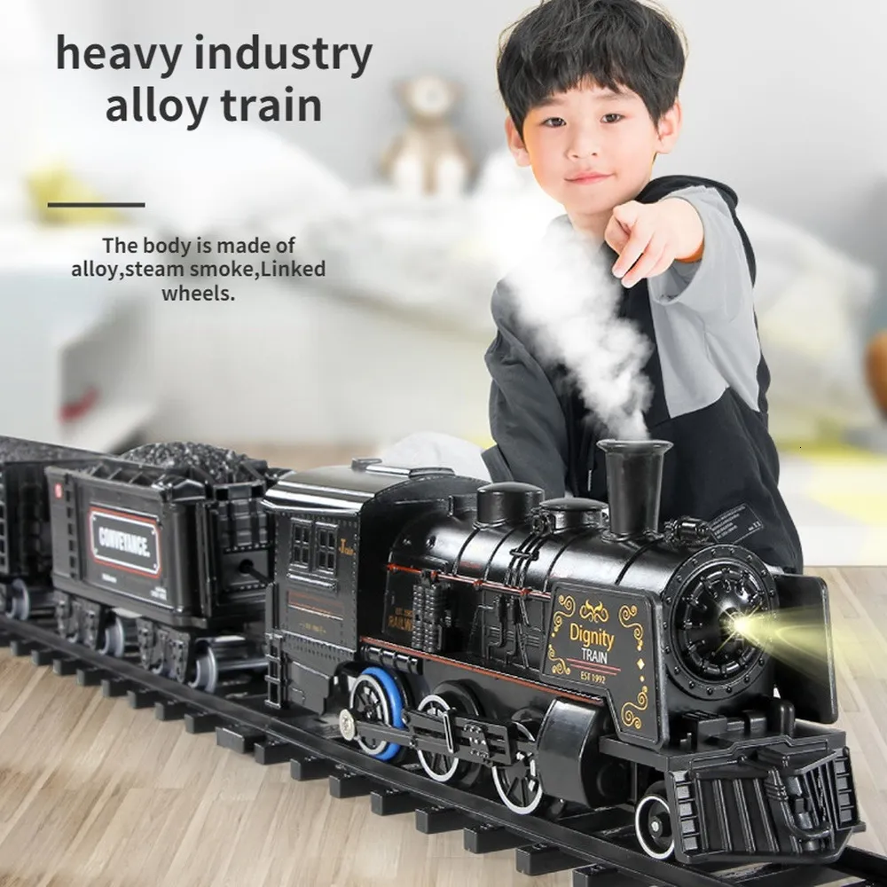 Christmas Toy Supplies Simulation Steam Train Alloy Metal Car Track Railway Classical Model with Smoke Battery Operated Kids Gift 230210