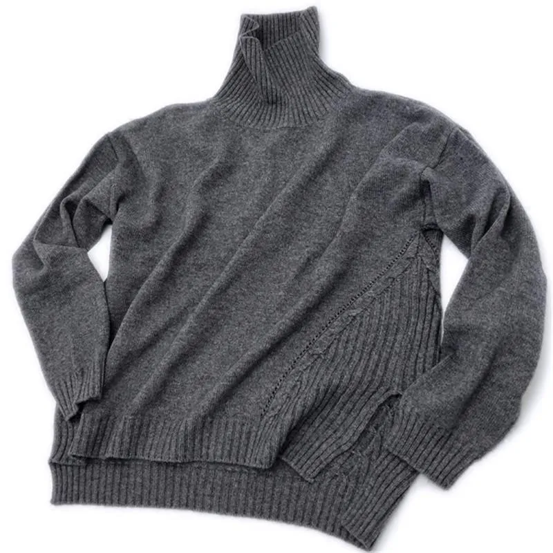 Suéteres femininos Cashmere mistura de lã torcido malha mulheres moda ampla solta pulôver suéter aberto hem tartaruga pescoço irregular longo L-XL