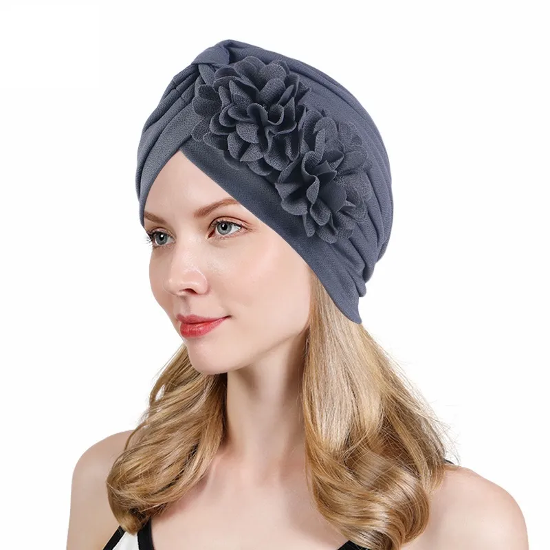 Nieuwe dubbele grote bloemen turbans voor vrouwen parels hijab motorkap moslim hoed chemo cap voor dame meisje wrap head indische hoed binnenkut