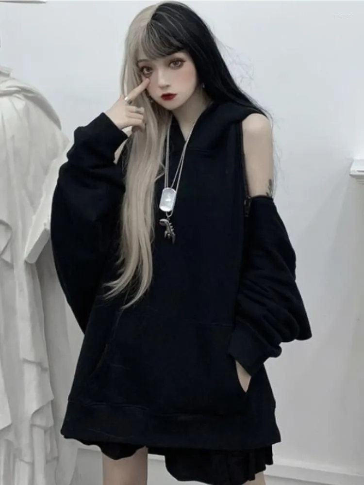 Hoodies voor dames Deeptown Gothic Grunge Black Women Punk Techwear Oversized Sweatshirts Losse casual off-schouderpullovers bf e-girl