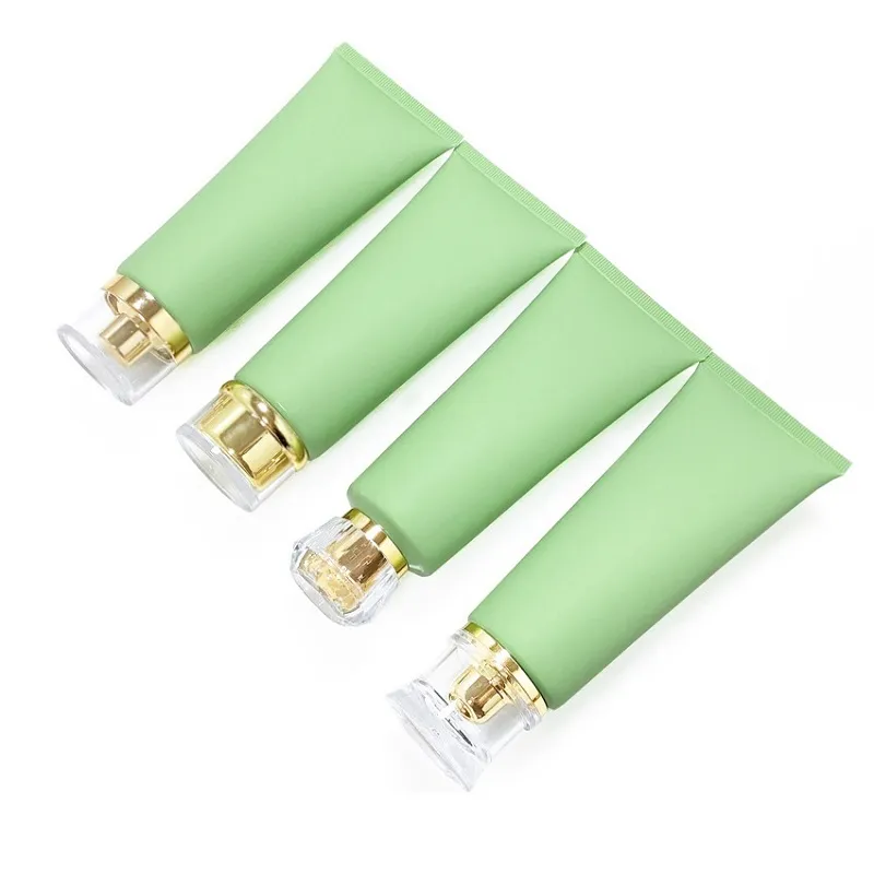 100g Green frosted squeeze hose cosmetic plastic bottle Refillable Travel facial cleanser extrusion Tubes with gold cap /airless pump