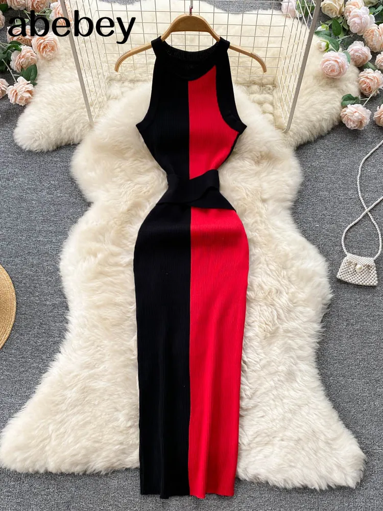 Casual Dresses Summer Knitting Dress Women Patwork Casual Body-Con Dress Pullovers Simple Step Maxi Long Dress 230210