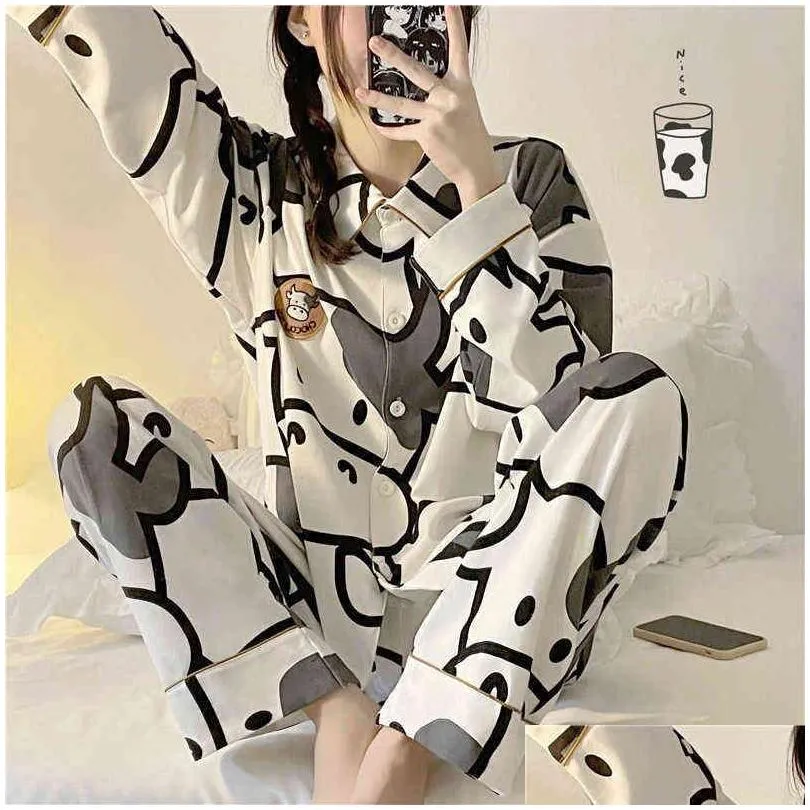 qweek cow print pajamas two piece set autumn pijamas women cotton cute home clothes pyjamas sleepwear japanese style kawaii 211211