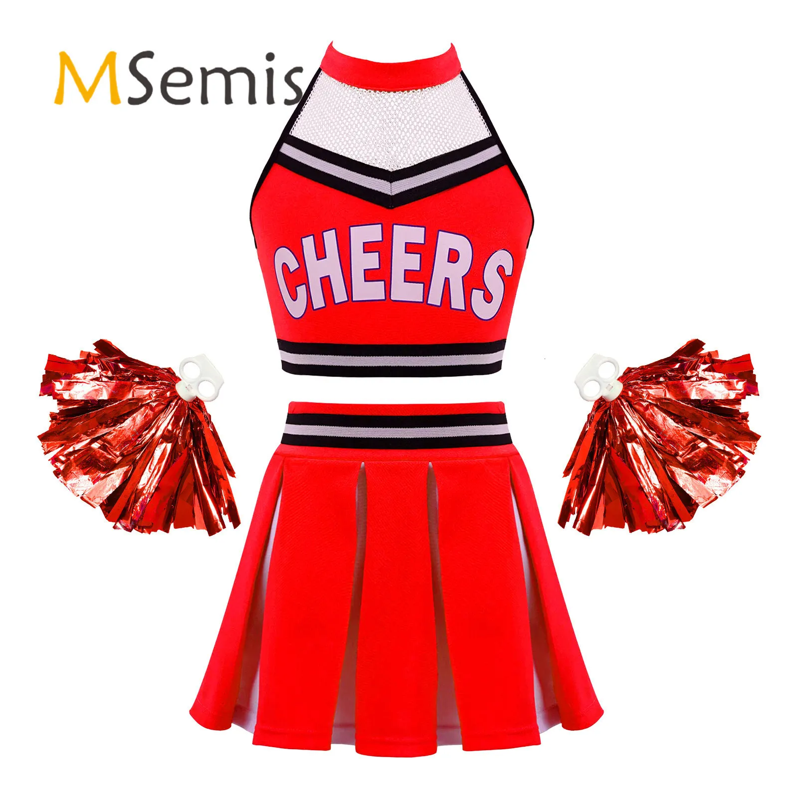 Cheerleading Enfants Filles Cheerleading Uniforme Costume de danse de pom-pom girl Halter Neck Dos nu Haut court avec ceinture élastique Jupe plissée 230210