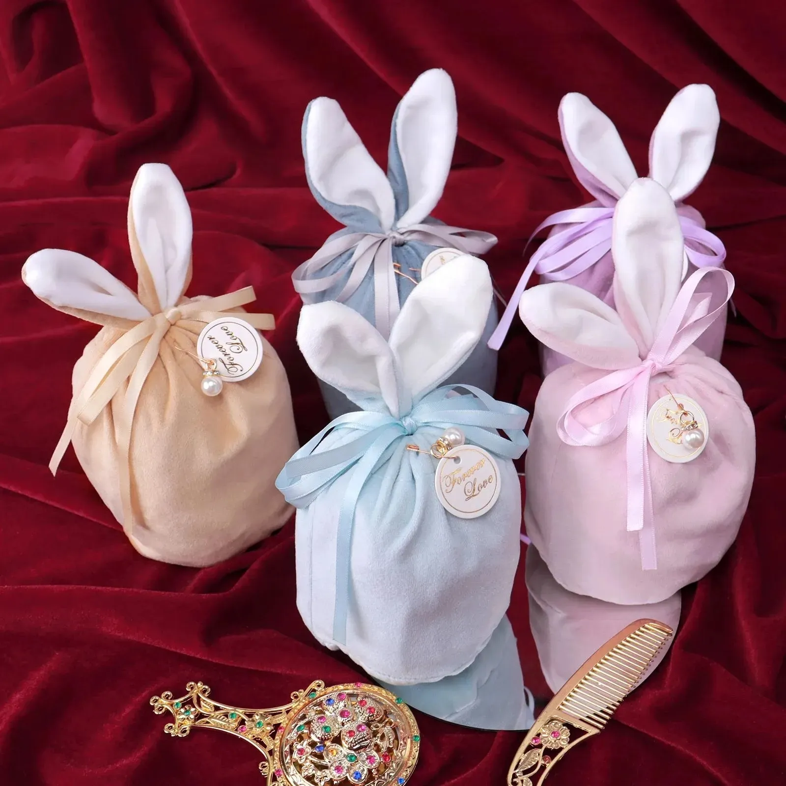 Bunny Ear Velvet Drawing Tassen Konijnoren Chocolade snoepzakken met Pearl Easter Gift Bags Bouches Bruiloft Party Decor