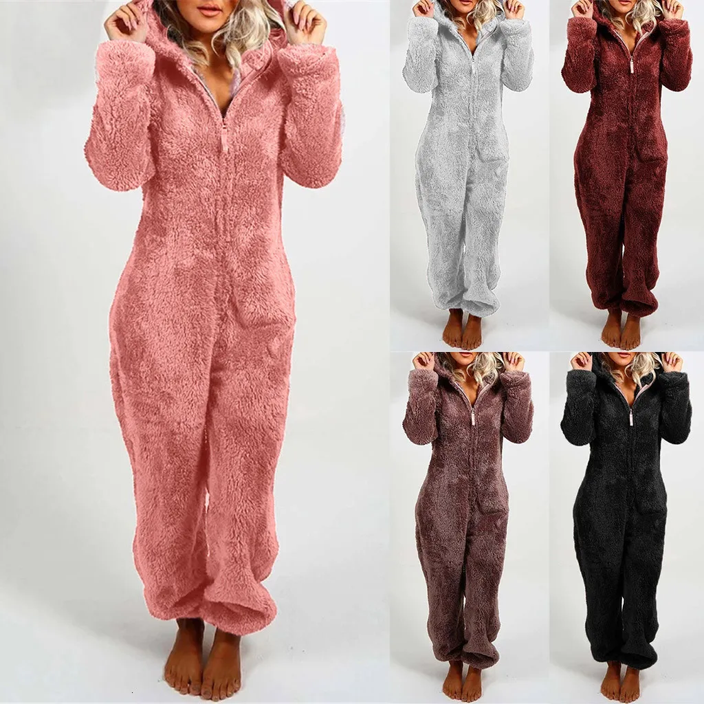 Women's Jumpsuits Rompers Women Casual Hooded Warm Plush Bodysuit Winter Zipper Playsuits Homewear Sleepwear Women's Pajamas Long Sleeve jumpsuit trousers 230210