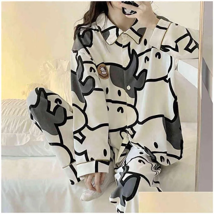 qweek cow print pajamas two piece set autumn pijamas women cotton cute home clothes pyjamas sleepwear japanese style kawaii 211211