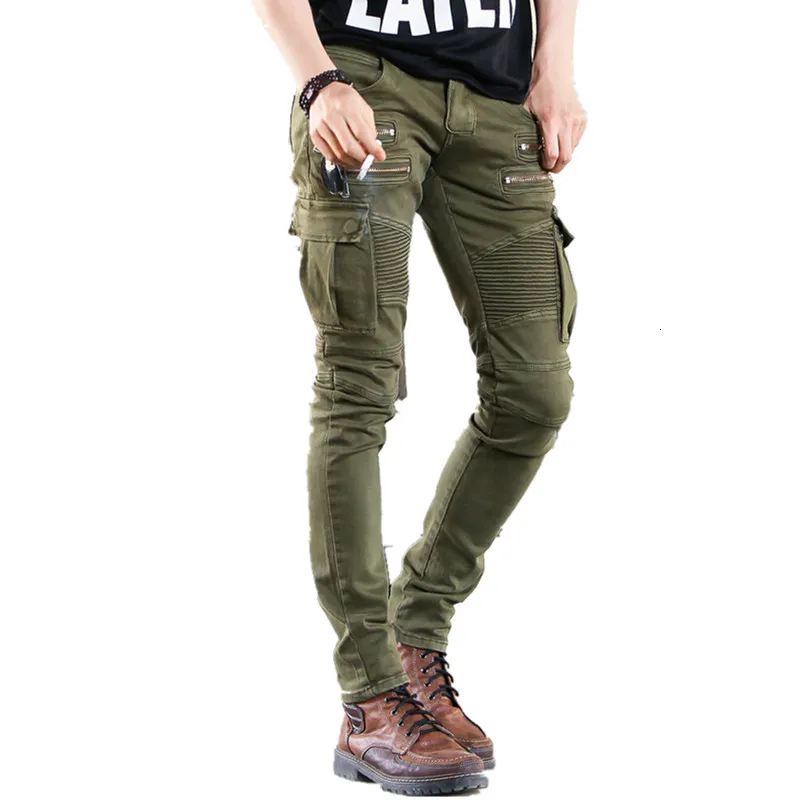 Jeans pour hommes Vert Noir Denim Biker jeans Hommes Skinny Runway Distressed slim élastique homme hip hop Pantalon cargo moto militaire 230209