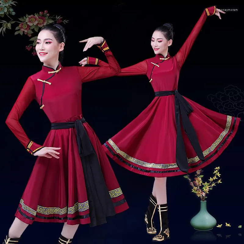 Сцена носить красные монгольские костюмы для женской монорит танцевальная одежда фестиваль одежда