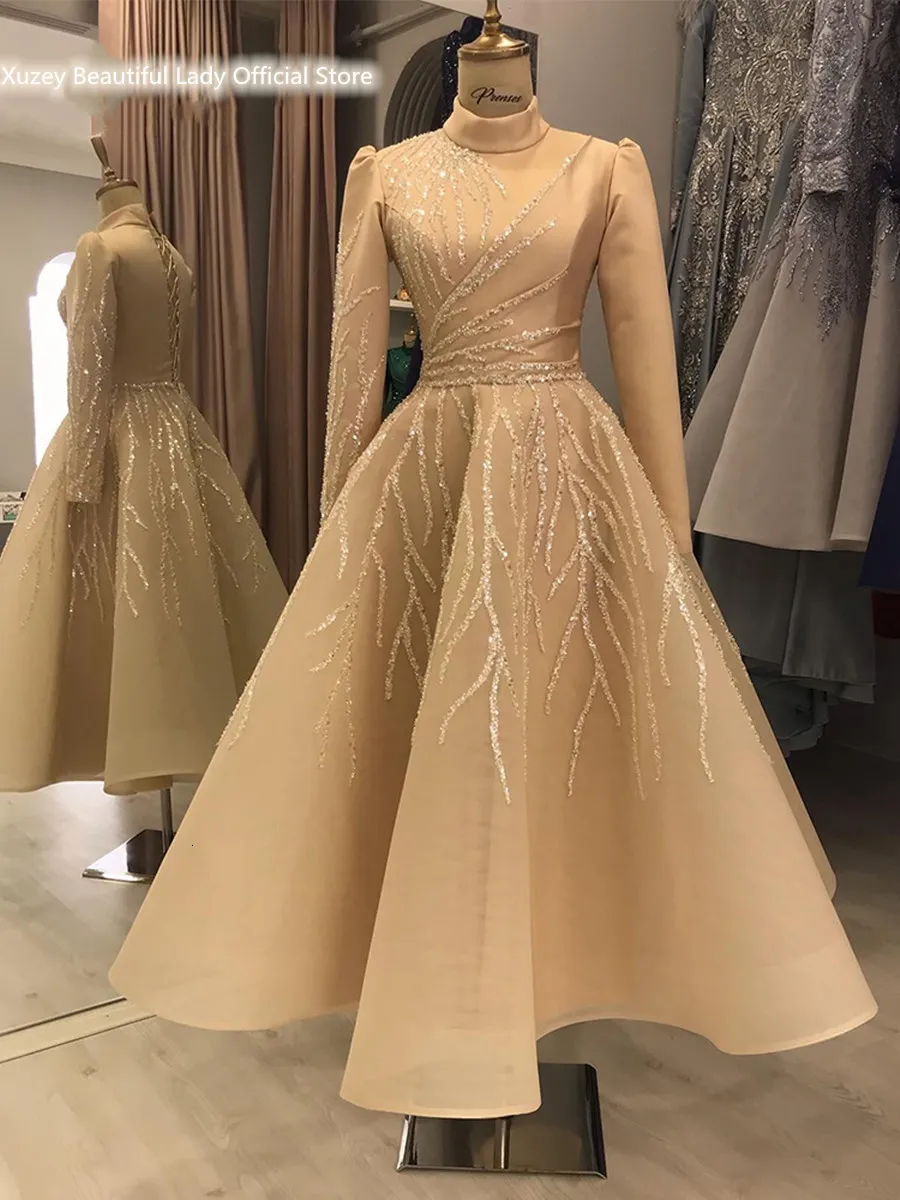 Runway Dresses Champagne Evening Dresses High Neck Muslim Prom Dress Women for Cocktail Party Vestidos De Noche Largos Elegantes Robe Gala 230210