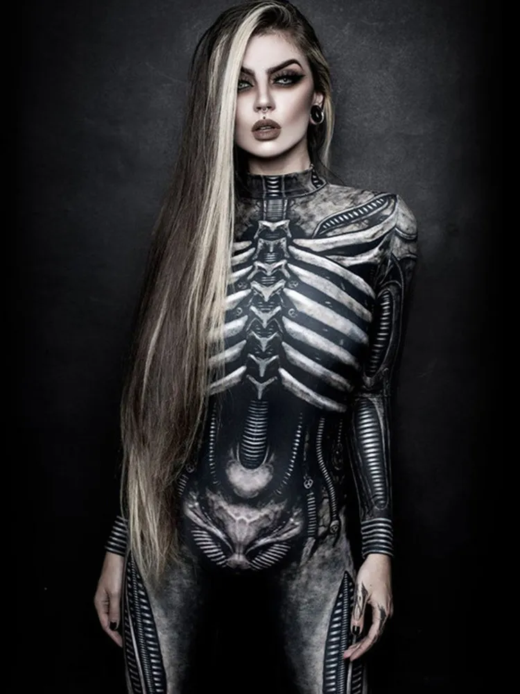 Женские комбинезоны Rompers Halloween Skeleton Printed Bodysuit Cosplay Costumes Suit Women Jumpsuit Disfraz Halloween Mujer Scary Costumes 230210