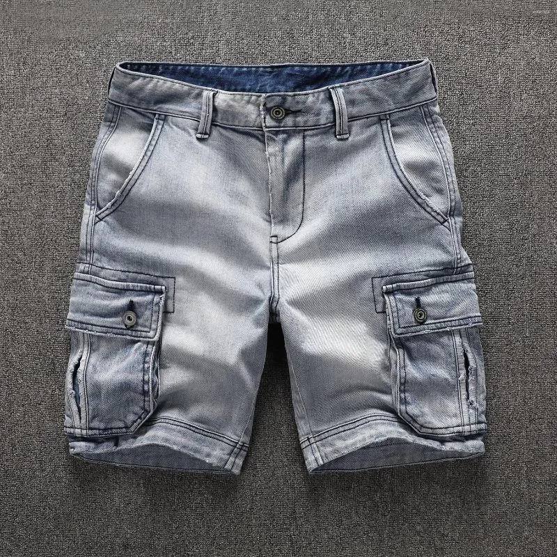 Heren shorts heren 2023 zomer denim meerdere zakken gewassen middentaist rechte straat vracht jeans