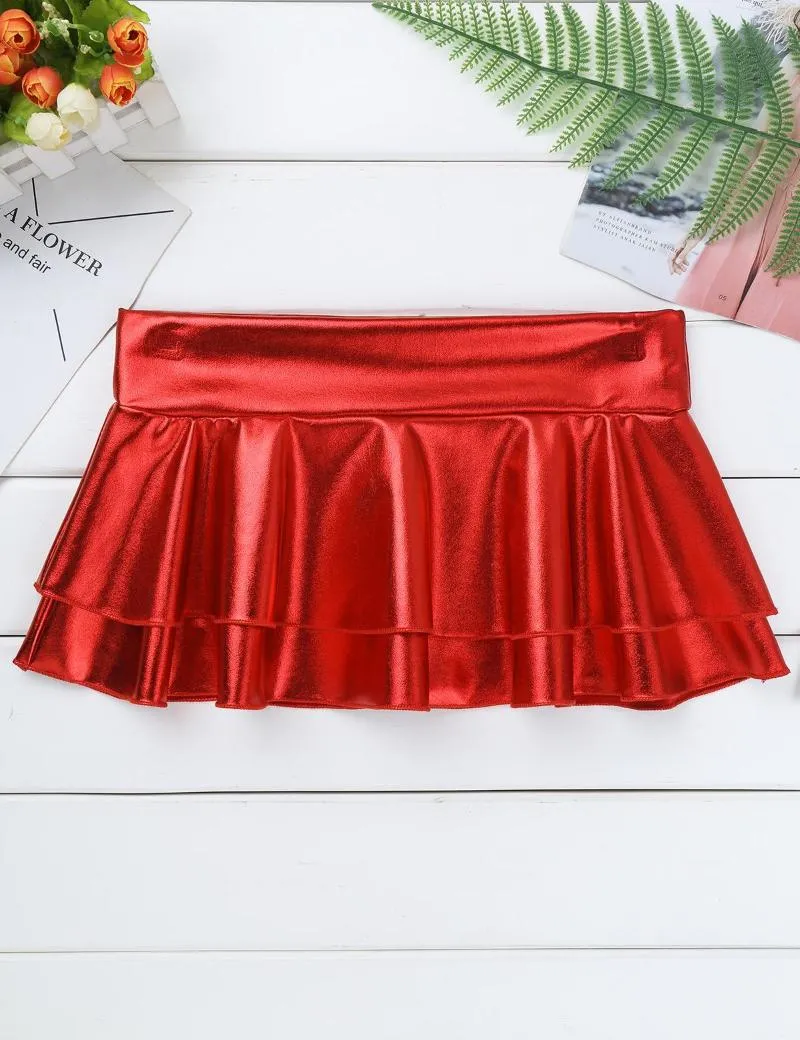 Skirts Womens Shiny Metallic Short Mini Low Rise Double Layered Ruffled Skirt For Pole Dance Raves Festivals Party Costumes