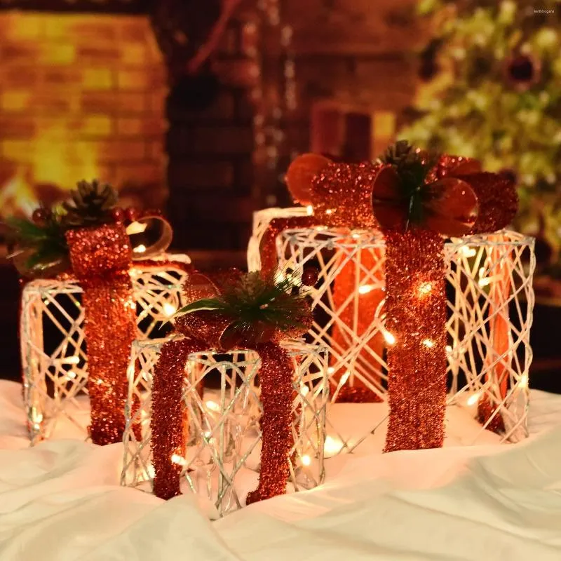 Juego de 3 decoraciones de Navidad iluminadas para interiores con cuerdas, decoración de cajas para exteriores preiluminadas con lazo para fiesta en el patio exterior