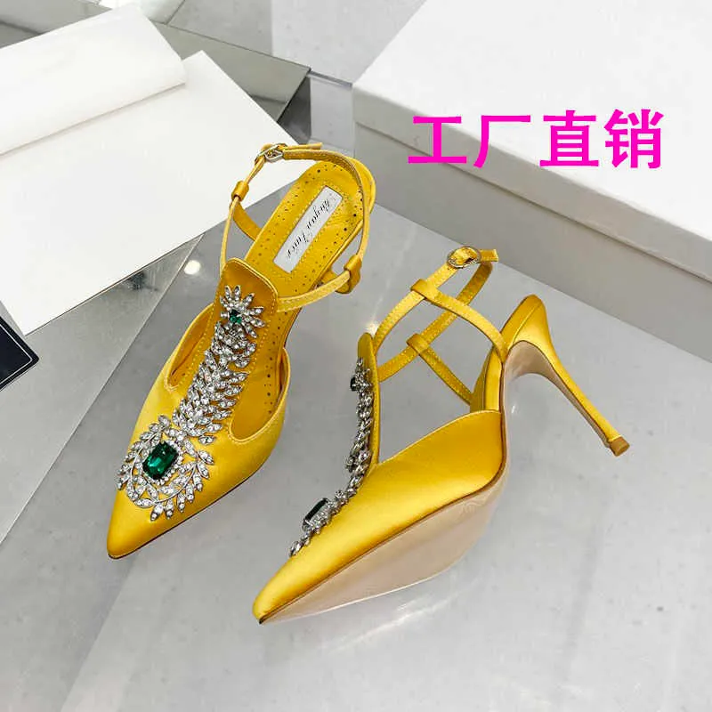 Sandals High heel sandals 10cm slim green rhinestone satin quality pointed thin heel 8cm Baotou sandals