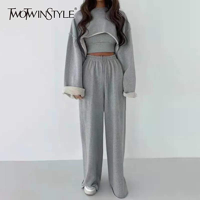 Kvinnors tvådelade byxor Twotwinstyle White Three Piece Set For Women O Neck Long Sleeve Tops ärmlösa Väst Wide Leg Pants Kvinnliga avslappnade uppsättningar 230209