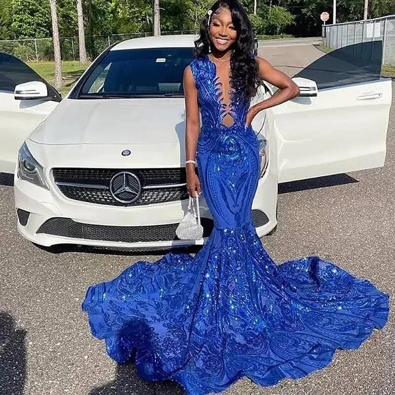 Sparkly Royal Blue Sequin Prom Dress For Black Women Elegant Mermaid African Evening Dresses 2023 Sleeveless Night Party Gowns Beautiful Aso Ebi Formal Dress