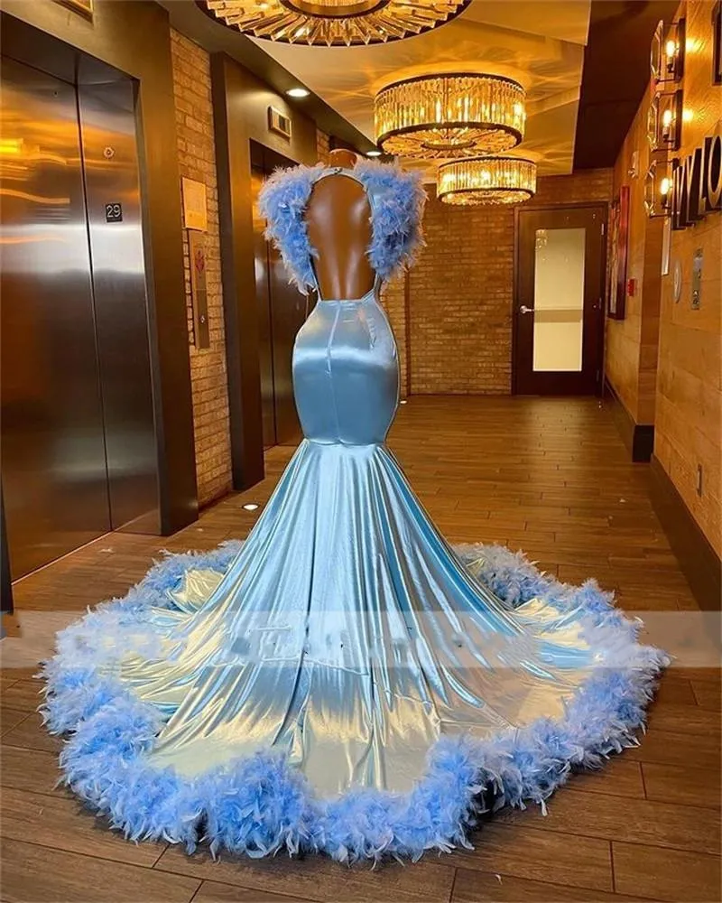 Blue Feather Mermaid Blue Mermaid Prom Dress for Black Girls