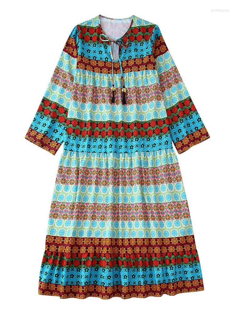 Vestidos casuales Vestido largo bohemio Mujer Manga larga Vintage Patchwork Estampado Boho Ojo de cerradura Cuello redondo Corbata Borla Vacaciones Suelto