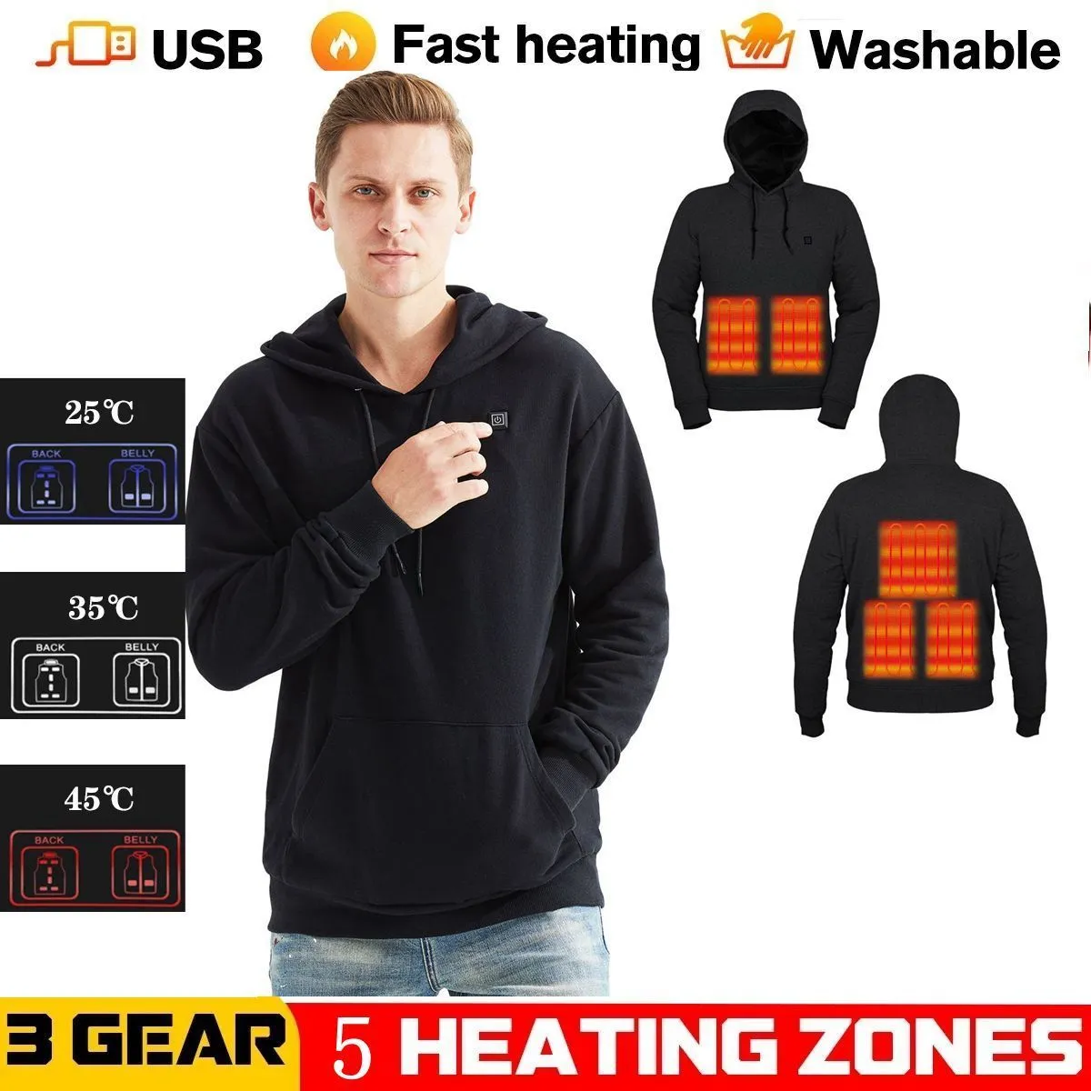 Heren Hoodies Sweatshirts Winter heren en dames USB Verwarmde hoodies Kap katoenen rits pocket wol dikke minnaars Fallwinter verwarming Casual hoodies 230209