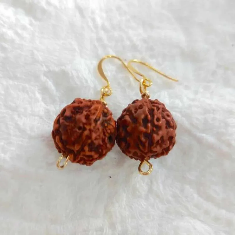 Dangle Earrings Fashion Natural Brown Round Rudraksha Bead Gold Hook Accessories Ear Stud Mother's Day Gift Thanksgiving FOOL'S