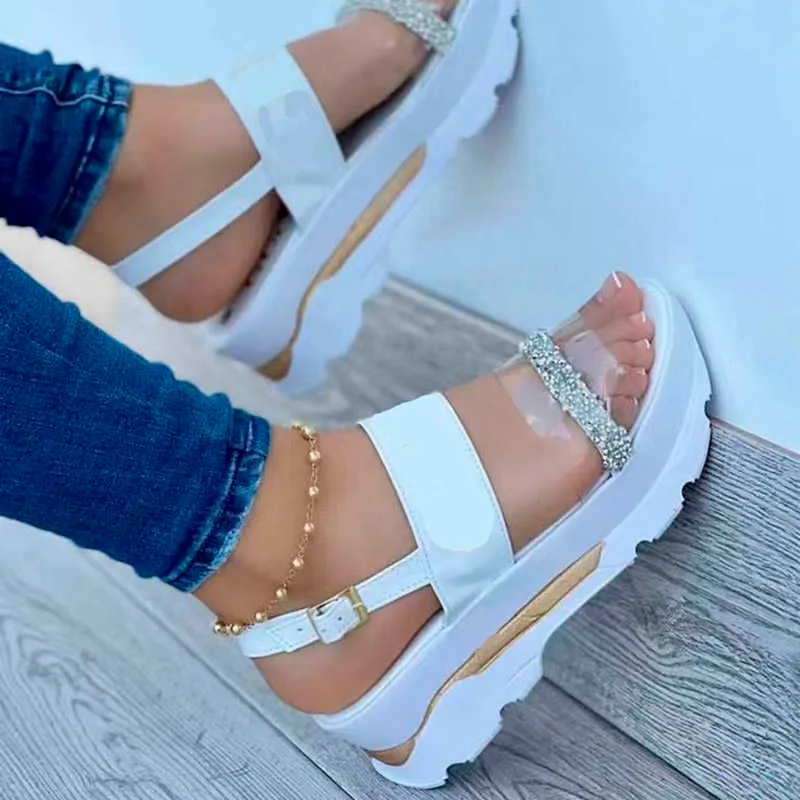 Tofflor plattform sandaler kvinnor transparenta strass skor sommar öppen tå kvinnors kil sandaler med klackar flip flops wsh4608 r230210