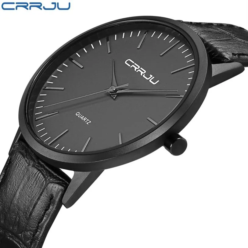 Nowe modne zegarki męskie marka crrju luksusowe mężczyzn czarny swobodny kwarc zegarek męski ultra cienki skórzany pasek Erkek Saat280o
