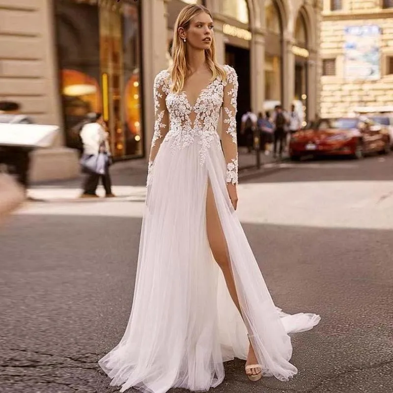 Robe de mariée blanche en dentelle, Sexy, dos nu, style Boho, fente haute, Tulle doux, manches longues, robes de plage d'été, 2023