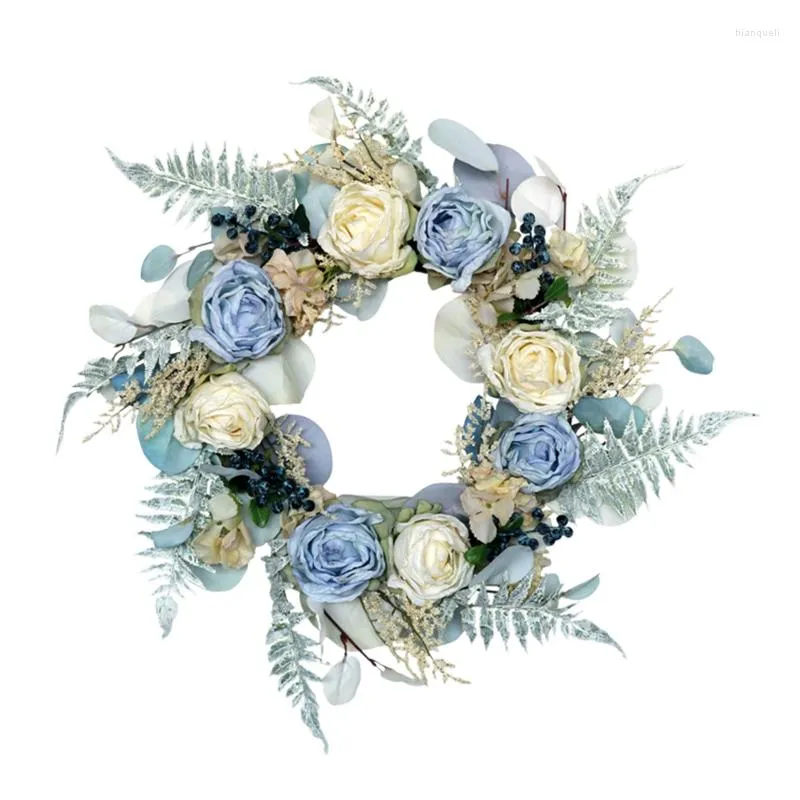 Flores decorativas Inverno Simulação 3d Champagne Blue Rose Flower Flows com folhas foscas frutas para a porta da frente Garland pendurada