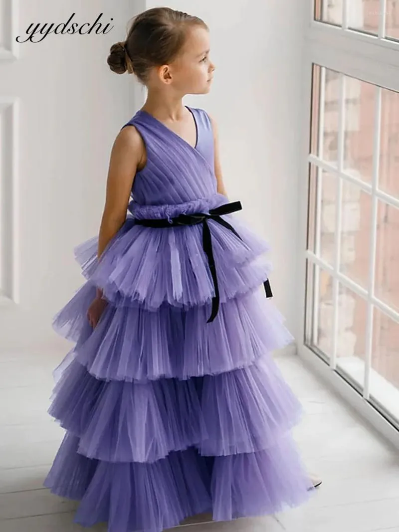 Kız Elbiseler Mor V yaka Çiçek 2023 Tül Yay Tered Pileli Balo Kupa Çocuklar İçin Doğum Günü Partisi Dress Vestidos De Novia