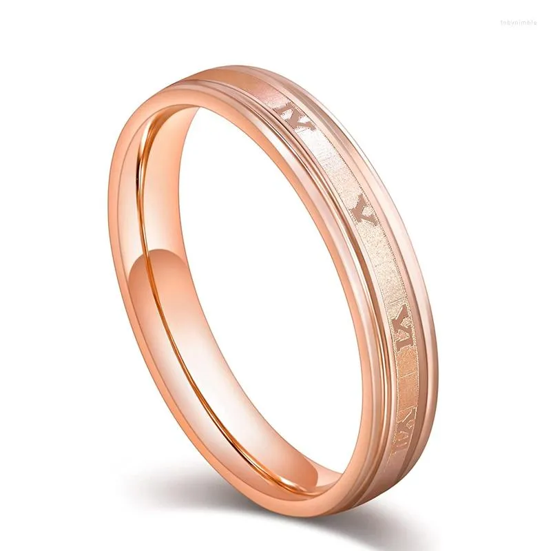 Bröllopsringar kolmnsta 4mm rostfritt stål för kvinnor män romerska siffror ring rosguld borstat centrum stegade kantband komfort